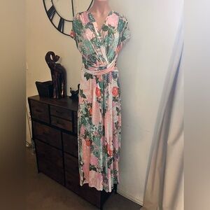 #135 Floral Wrap Dress in Pink and Green